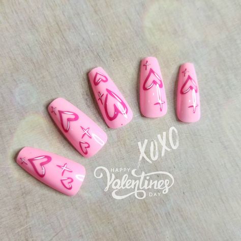 Nails Application, Nail Pink, Pink Coffin, Nails Size, Cute Hearts, Nails Cute, Nail Sets, Nails Spring, Fake Nail