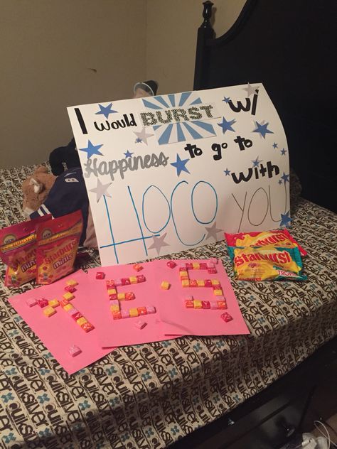 I would "burst" with happiness to go to hoco (homecoming) with you  Dance… Dance Answers, Hoco Poster Ideas, Cute Hoco Proposals, Prom Invites, Cute Promposals, School Dance Ideas, Prom Posters, Cute Homecoming Proposals, Cute Prom Proposals