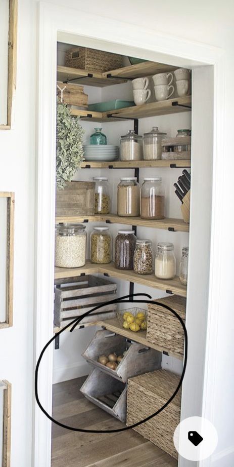 Light Wood Pantry Shelves, Shallow Pantry Wall Narrow Shelves, Small Shelf Pantry, Pantry Shelf Remodel, Small Pantry Decorating Ideas, Build Small Pantry, Pantry With Wooden Shelves, Old Pantry Makeover, Small Corner Pantry Organization Ideas