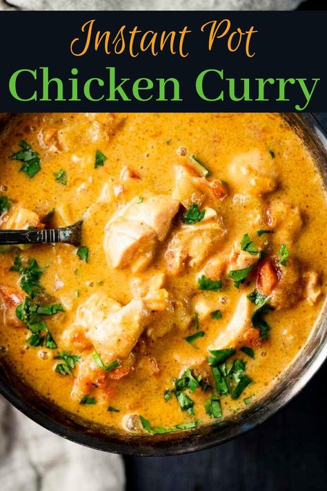 An incredible combination of aromatic spices and flavor, this Instant Pot Chicken Curry is easy, flavorful and on the table in under 30 minutes - perfect for busy weeknights! Pieces of tender chicken cooked in a tomato-like gravy studded with intense spices is seriously the perfect weeknight comfort food meal. Or a meal to impress you guests. Ninja Foodi Chicken Curry, Instant Pot Chicken Thigh Curry Recipes, Chicken Curry Recipe Instant Pot, Nutripot Recipes, Chicken Bits, Curry Chicken Thighs, Ip Chicken, Instant Pots, Curry Stew