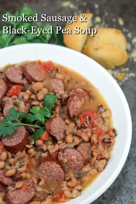 Smoked Sausage and Black Eyed Pea Soup is perfect for New Years and will have you feeling LUCKY!  But you will want to have this delicious soup all throughout the year and not just for a special holiday meal! Instant Pot Smoked Sausage, Smoked Sausage Soup, Black Eyed Pea Soup, Blackeyed Peas, Black Eyed Peas Recipe, Pizza Sticks, Split Pea Soup Recipe, Black Eyed Pea, Recipes Sausage