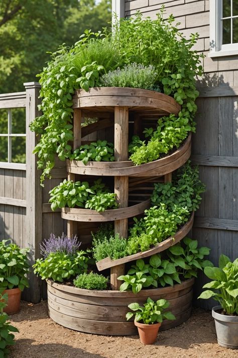 20 Farmhouse Garden Ideas - Toolz Geek Herb Garden Tower Ideas, Layered Herb Garden, Tiered Vegetable Garden Boxes, Spiral Herb Garden Brick, Upright Garden Ideas, Horizontal Garden Ideas, Tiered Container Garden, Backyard Garden Ideas Flowers, Diy Herb Planter Ideas