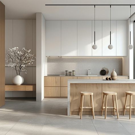 Modern Kitchen Design White And Wood, Wooden Slats Kitchen, White Cabinets Kitchen Wood Countertops, Modern White Kitchen Design Luxury, Light Modern Kitchen Design, Flat Front Wood Kitchen Cabinets, Modern White And Oak Kitchen, Modern Kitchen With No Upper Cabinets, Kitchen All On One Wall