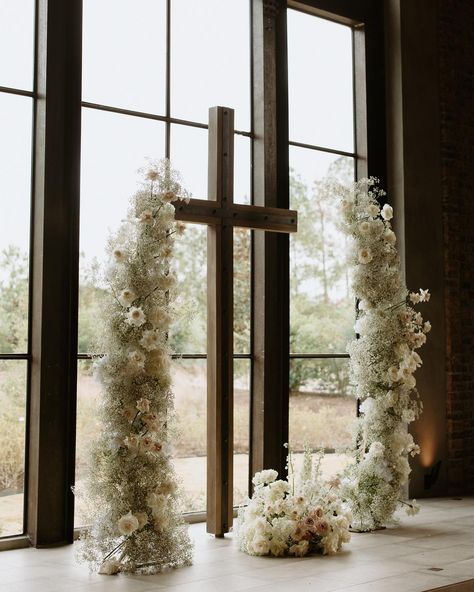 Cross Wedding Altar with White Florals Chapel Backdrop Wedding, Wedding Altar Cross, Cross Wedding Altar, Cross Alters For Weddings, Cross Altar Wedding, Small Classy Wedding, Wedding Cross Altar, Cross Wedding Arch, Cross Wedding Backdrop