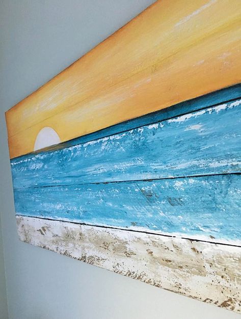 Gorgeous large ocean beach art on wood sun set over the sea wooden wall art. Featured on Completely Coastal. Shop one of a kind coastal beach wall art! Beach Theme Wall Decor, Beach Signs Wooden, Beach Art Prints, Beachfront Decor, Beach Art Painting, Sea Life Art, Sea Wall Art, Nautical Wall Decor, Beach Wood