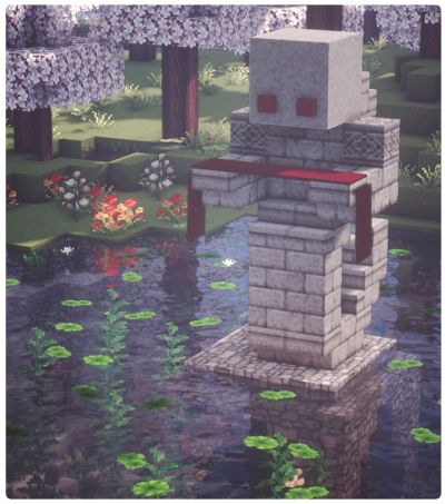 Bird Bath Minecraft, Minecraft Waterfall Entrance, Snake Statue Minecraft, Minecraft Podium Ideas, Minecraft Town Centerpiece, Minecraft Curved Wall, Mc Graveyard, Minecraft God Statue, Minecraft Gate Entrance Ideas