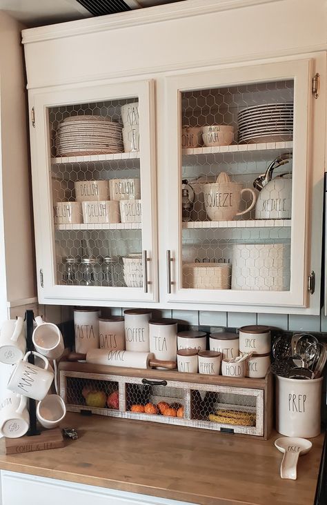 Kitchen Open Cabinets, Open Kitchen Cabinet, Chicken Wire Cabinets, Small House Kitchen, Chicken Kitchen Decor, Rustic Basement Bar, Kitchen Display Cabinet, Small Farmhouse Kitchen, Glass Kitchen Cabinets