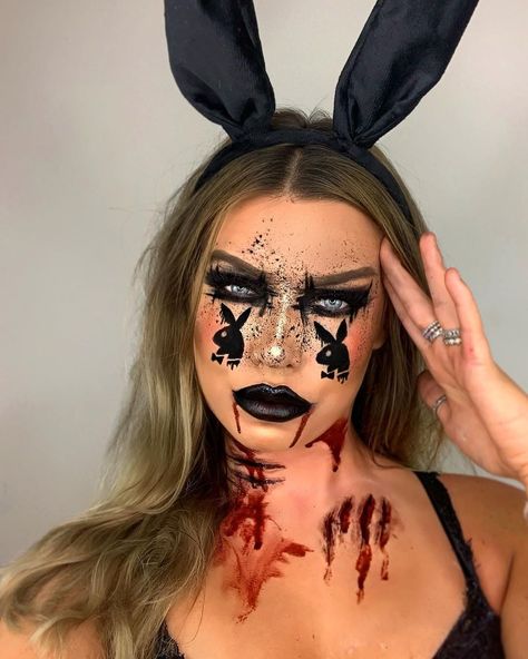 ♥ AMY JOHNSTON | ARTISTRY ♥ on Instagram: “Day 13 - Dark evil bunny 🐰🖤 inspo : @ciaciaxo FACE @esteelauder @maccosmeticsuk powder and blush @benefitcosmeticsuk caramel hoola…” Play Boy Bunny Makeup Ideas, Dead Bunny Makeup, Playboy Bunny Halloween Makeup, Bunny Make Up Halloween, Scary Bunny Makeup Halloween, Evil Bunny Makeup, Playboy Bunny Makeup Looks, Scary Bunny Costume, Black Bunny Makeup