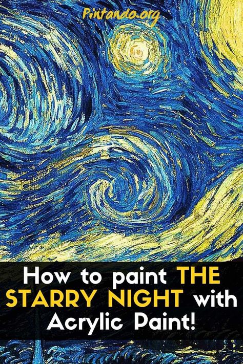 In this video, we will teach you how to paint The Starry Night, by Vincent Van Gogh, step by step, with acrylic paints. Enjoy The Video! #painting #painting #Vangogh #starrynight #art #famousworks Step By Step Starry Night Painting, How To Paint Starry Night Step By Step, Van Gogh Step By Step, Starry Night Tutorial, Van Gogh Art Lesson, Vangogh Starrynight, Creative Library, Jean Art, Van Gogh Landscapes