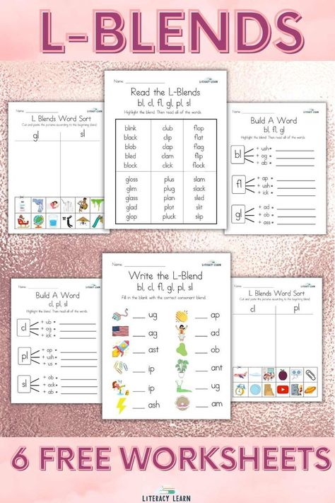 6 worksheets on a pink sparkly background. L Blends Worksheets Free, L Blends Worksheets, Slp Assistant, Phonics Blends Worksheets, English Classes For Kids, Consonant Blends Activities, Letter L Worksheets, Consonant Blends Worksheets, Ccvc Words