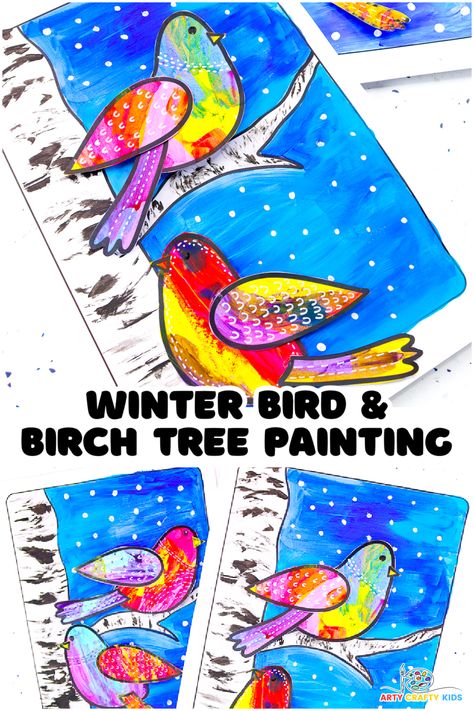 Create winter magic with our Winter Bird and Birch Tree Painting! Let your kids paint beautiful birch trees with cool effects and add colorful birds for a unique winter scene. It's an easy and fun Winter art idea to enjoy together on a cozy day. Complete with templates! Third Grade Winter Art Projects, Winter Trees Art For Kids, Winter Art For Elementary, Winter Crafts Preschool Art Projects, 4th Grade Art Projects Winter, Winter Animal Painting, Winter Bird Craft, 3rd Grade Winter Art Projects, Winter Artwork For Kids