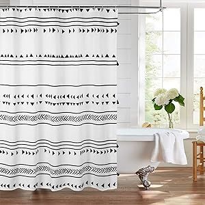 Boho Curtains Diy, Shower Curtain Black And White, Curtain Black And White, Black White Shower Curtain, Rideaux Boho, Black And White Shower Curtain, Shower Curtain Black, Bathroom Curtain Set, Cute Shower Curtains