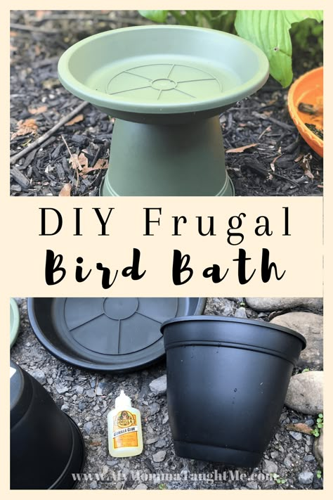 DIY Frugal Bird Bath - My Momma Taught Me Easy Bird Bath Ideas, Flower Pot Bird Bath Diy, Tabletop Bird Bath, How To Make Bird Bath, Easy Diy Bird Bath, Diy Bird Fountain Ideas, Creative Bird Baths, Flower Pot Bird Bath, Bird Feeder In Garden