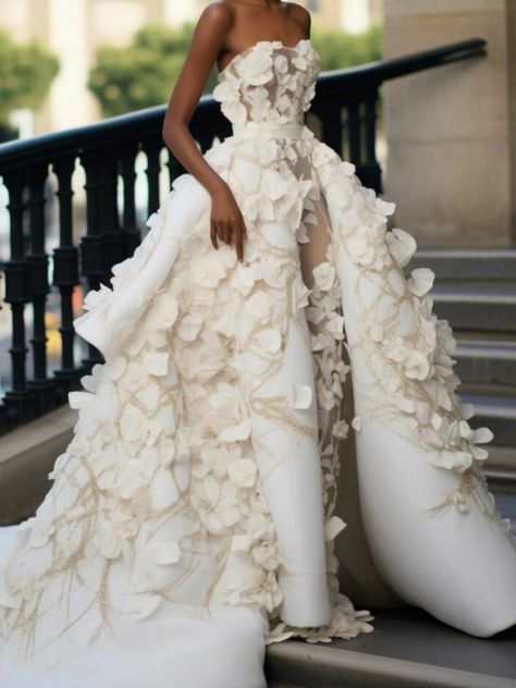 Romantic Strapless Wedding Dresses 3D Flowers Dress For Bride Luxury Satin With Detachable Tail Black Bride Ball Gown, Bridal Inspiration Board, Nigerian Wedding Gowns Brides, Timeless Wedding Veils, African Inspired Wedding Dress, Bustiers Outfits, High Fashion Wedding Dress Couture, Hanifa Bridal, Wedding Dress Inspo Elegant