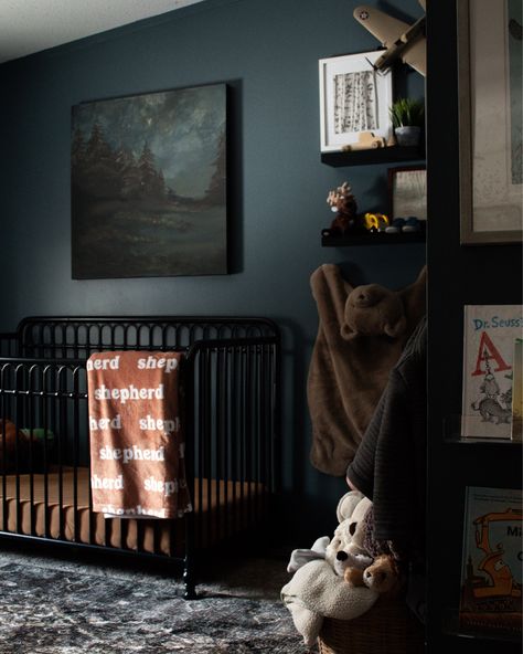 Midnight Blue Nursery, Dark Academia Nursery Ideas, Dark Colored Nursery, Black Baby Room Nurseries, Moody Baby Boy Nursery, Dark Blue Baby Room, Moody Blue Nursery, Dark Vintage Nursery, Masculine Nursery Baby Boy