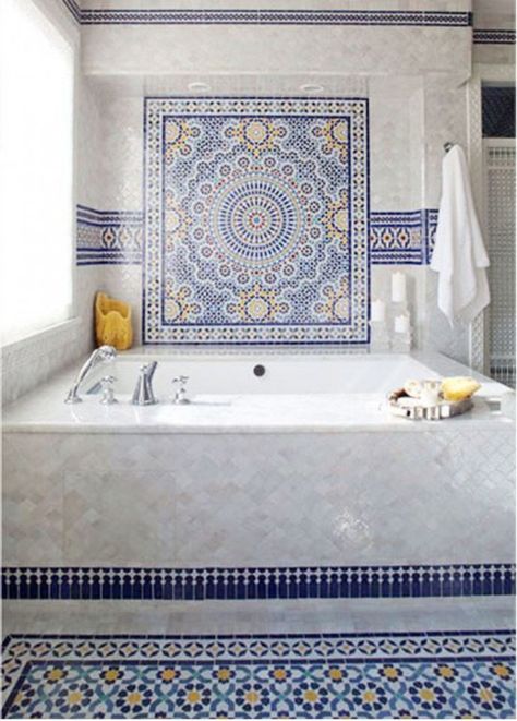 Blue Moroccan Mosaic Tile Bathroom Bathtub Bathroom Mosaic Tile Ideas, Moroccan Tile Bathroom, Moroccan Bathroom, Mosaic Bathroom Tile, Mosaic Bathroom, Moroccan Interiors, Tiles Bathroom, Mosaic House, Bathroom Tile Designs