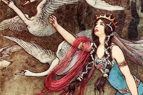 Image Orange, Illustration Meaning, Warwick Goble, Wild Swans, Seven Swans, Twelve Dancing Princesses, John William Waterhouse, Book Artwork, Hans Christian Andersen