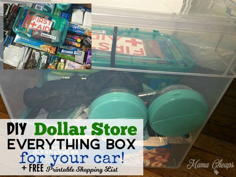 DIY Dollar Store “EVERYTHING BOX” for Your Car + Printable Shopping List Organized Car, Car Organizing, Diy Organizers, Car Printable, First Aid For Kids, Emergency Essentials, Footprint Keepsake, Emergency Prepardness, Printable Shopping List