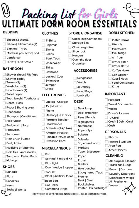 ultimate dorm room essentials packing list for girls. Uni Dorm Essentials, Dorm Essentials List For Guys, Dorm Room Essentials For Guys, College Dorm Checklist For Guys, Dorm Room Designs For Guys, College Clothing Essentials, Male Dorm Room Ideas, Clothing Packing List, Dorm Essentials List