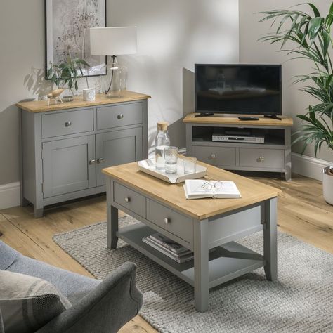 Get all the living room inspiration you need here at Furniture World! Grey And Oak Living Room, Moles Breath, Oak Living Room, Living Room Inspiration Grey, Grey Painted Furniture, Dark Grey Carpet, Large Tv Unit, Buy Living Room Furniture, Small Sideboard