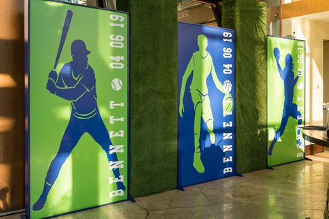 Theme banners add a great backdrop for your event #sportevent #decor Sport Event Decoration, Sports Day Backdrop Ideas, Sports Meet Decoration Ideas, Sports Theme Backdrop, Sports Photo Backdrop, Olympic Theme Corporate Event, Sports Backdrop, Multi-sport Event, Fitness Event