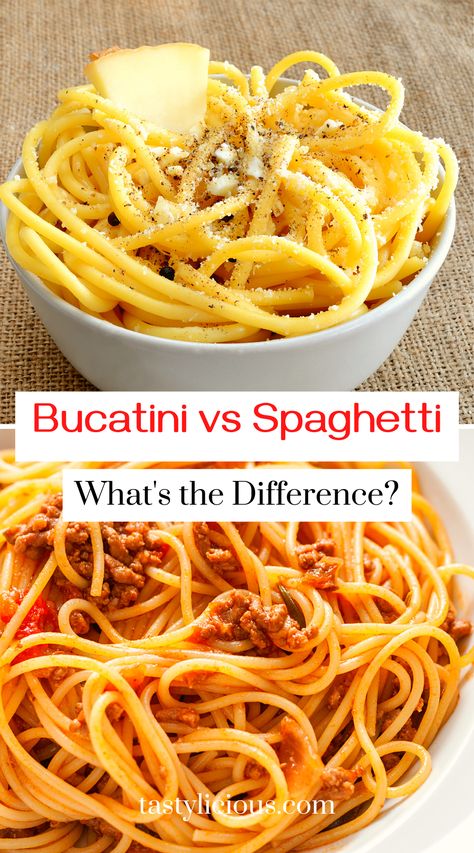 bucatini vs spaghetti | bucatini pasta vs spaghetti | bucatini vs spaghetti carbonara | difference bucatini & spaghetti | keto dinner recipes | healthy lunch ideas | dinner ideas | breakfast ideas | easy healthy dinner recipes Bucatini Pasta Recipes, Pasta Bucatini, Bucatini Recipes, Breakfast Ideas Easy Healthy, Chinese Recipes Easy, Easy Korean Recipes, Bucatini Pasta, Pasta With Alfredo Sauce, Pasta Varieties