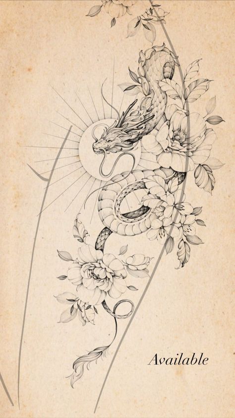 ✨Designs✨ = @edyptattoos Dragon In Flowers Tattoo, Fineline Dragon Tattoo, Dragon With Flowers, Cute Dragon Tattoo, Dragon Tattoo Shoulder, Dragon Tattoo Drawing, Dragon Flower, Quarter Sleeve Tattoos, Dragon Designs