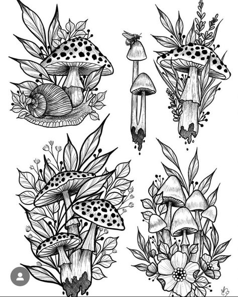 Mushroom Tattoo Drawing, Japanese Mushroom Tattoo, Tattoo Design Drawings Mushroom, Mushroom Arm Tattoo, Mystical Mushroom Tattoo, Mushroom And Flowers Drawing, Dark Cottagecore Tattoo Ideas, Mashrom Tattoo, Moth And Mushroom Tattoo