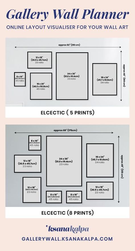 Wall Gallery Size Guide, How To Style Picture Frames On Wall, Large And Small Pictures On Wall, Photo Wall Collage Frame Sizes, Gallery Wall Layout With Sizes Hallway, Frame Sizes For Gallery Wall, Gallery Wall With 8x10 Frames, Gallery Wall With 5 Pictures, Gallery Wall Around One Large Picture