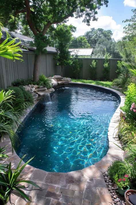 Pool In Backyard Aesthetic, Inground Pool Ideas For Small Yards, Small Inground Pool Ideas Backyards, Outside Pool Area Ideas, Small Outdoor Pool, Small Patio Makeover, Small Pools For Small Yards, Small Inground Pool Ideas, Patio Makeover On A Budget