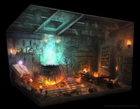 Witch's Cottage, Engy Jeong on ArtStation at https://www.artstation.com/artwork/z4J1m Witch House Interior, Dnd Room, Witch's Cottage, Medieval Witch, Interior Concept Art, Witch Hut, Witches Cottage, Witches House, Witch Drawing