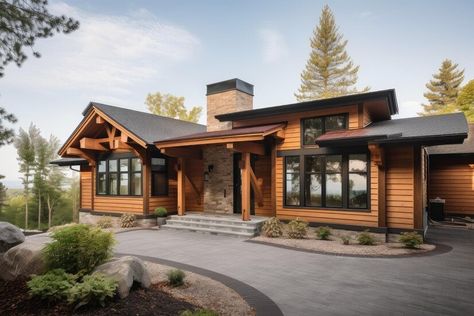 Premium Photo | Modern log cabin exterior with sleek contemporary design elements including metal accents and stone Modern Log Cabin Exterior, Modern Log Cabins Exterior, Log Cabins Exterior, Cabin Addition, Log Cabin Exterior, Modern Log Cabin, Modern Log Cabins, Cabin Exterior, Metal Accents