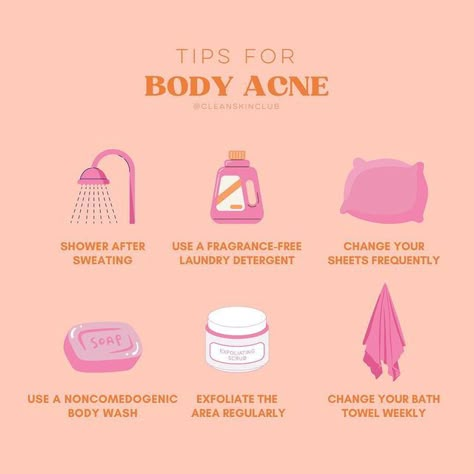 Clean Skin Club on Instagram: "Body acne can be such a pain 😫 here are some lifestyle changes you can make to help manage it 🤍 . . #cleanskinclub #cscexplains #skincarejunkie #skincarecommunity #skincareaddict #skincareobsessed #skintips #skincareeducation #skincare101 #cleanskinsquad #skincare #skincaretips #bodyacne #acne" Skincare For Body Acne, Soap For Body Acne, How To Be Clean Body Tips, Thigh Acne, Body Acne Products, Body Wash For Acne, Acne Hacks, Acne Tips, Acne Body Wash