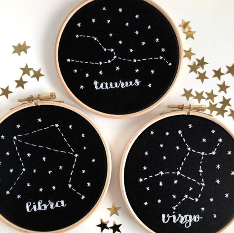 Taurus, Virgo and Libra Star Sign Hand Embroidery Hoop These hoops are ready to ship next day. This personalised zodiac hoop is perfect to hang in your home or to gift to a loved one. Created using high quality embroidery floss and black cotton, in a 5" wooden hoop. All of my pieces are made by myself by hand, meaning that they are created with a lot of love and care. See all Star Sign hoops here. Constellation Embroidery, Zodiac Embroidery, Pisces Star Sign, Libra Star Sign, Hand Meaning, Embroidery Wall, Quote Decor, Stitch Flowers, Drop Down List