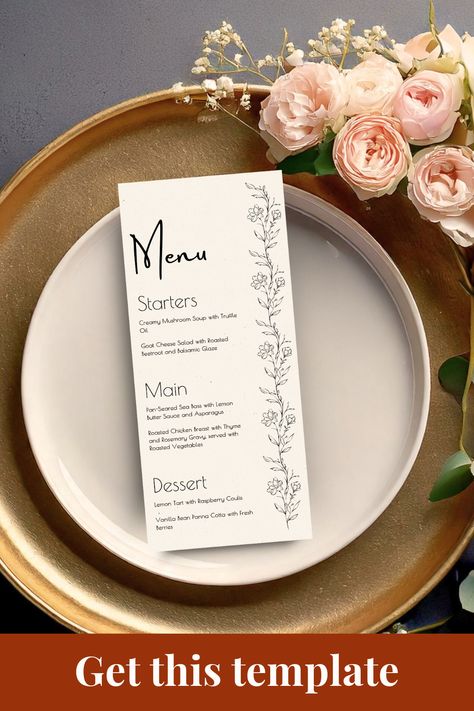 Elegant Minimalist Wedding Menu Card - Canva Template   Looking for an elegant and modern way to display your wedding menu? This floral wedding menu card template is perfect for diy wedding brides who want a boho, clean and elegant look. Easily customize the design with your own text and colors.  Black and white wedding scheme  This minimalist wedding menu card is a perfect choice for a modern, elegant wedding.  Visit my Etsy shop for more wedding stationery to match this design. Honeymoon Fund Sign, Wedding Menu Ideas, Wedding Games For Kids, Elegant Minimalist Wedding, Wedding Menus Design, Wedding Food Menu, Wedding Coloring Pages, Elegant Wedding Menu, Modern Elegant Wedding