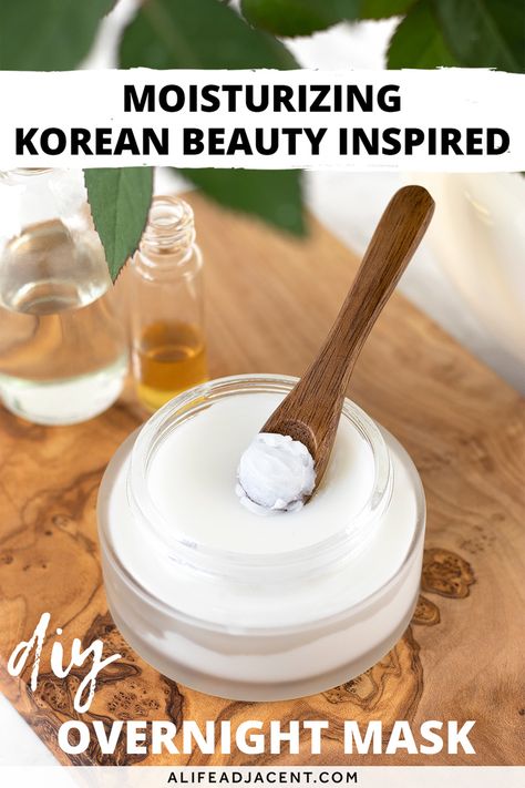 Learn how to make the best DIY overnight face mask for dry skin! This luxurious, Korean Beauty inspired sleeping mask keeps skin moisturized and plump while you sleep. It forms a thick, nourishing barrier, so your mask will stay on your face, not end up on your pillow! This homemade recipe is so easy and inexpensive to make, saving you money on expensive K beauty skin care products. Plus, it’s made without coconut oil, so it’s safe for acne and oily skin. #alifeadjacent K Beauty Skin Care, Diy Overnight Face Mask, Face Mask For Dry Skin, Beauty Skin Care Products, Overnight Face Mask, Mask For Dry Skin, Nighttime Skincare, Skin Care Face Mask, Face Mask Recipe