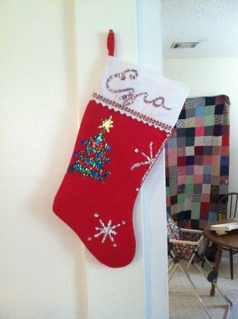 Stocking I decorated for Ezra Glitter Glue Stocking Ideas, Decorated Stocking Ideas, Stocking Designs Diy, Stocking Decorating Ideas For Kids, Stocking Decorating Ideas Diy Puff Paint, Puffy Paint Stocking Ideas, Stocking Painting Ideas, Decorate Christmas Stocking, Stocking Decorating Ideas Diy Glitter