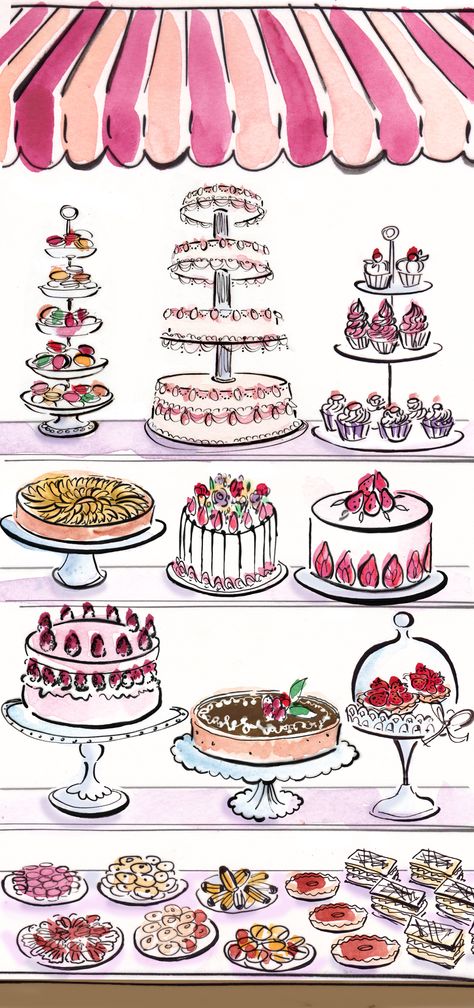 Cake Shop Illustration, Cake Shop Drawing, Cake Shop Aesthetic, Robyn Neild, Cake Drawing Aesthetic, Bakery Sketch, Manga Making, Baking Poster, Cake Art Print