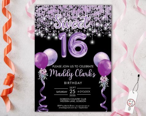 Sweet 16 Party Invitation Printable Template Black Editable | Etsy Purple Sweet 16, Sweet 16 Party Invitations, Birthday Party Invitations Free, Surprise Party Invitations, Memories Ideas, Sweet 16 Party Ideas, 16 Party Ideas, 16th Birthday Invitations, Sweet Sixteen Invitations