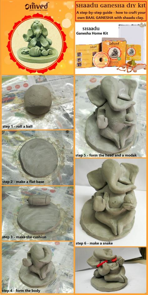 A step-by-step guide on making your own Baal Ganesha idol using shaadu clay from Omved Ganesha Home Kit. you can buy it here - http://omvedstore.in/products/1452-make-your-own-ganesh-kit.aspx Ganesh Pooja, Clay Ganesha, Ganesha Idol, Ganapati Decoration, Ganesh Idol, Rangoli Patterns, Yoga Decor, Diwali Diy, Ganesh Art