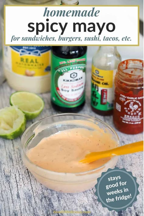 This homemade spicy mayo will take any sandwich, burger, or sushi up a notch, made with chili garlic sauce, sesame oil, soy sauce, and lime, for a flavor packed homemade version of sushi mayo! Homemade Spicy Mayo For Sushi, Spicy Mayo Poke Recipe, Spicy Sushi Mayo, How To Make Japanese Mayo, How To Make Spicy Mayo For Sushi, Homemade Spicy Mayo, Sushi Mayo Sauce, Asian Spicy Mayo, Japanese Spicy Mayo Recipe