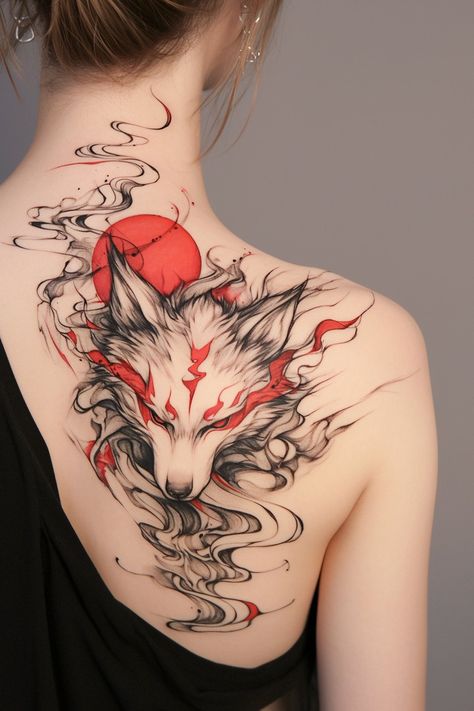 H Tatoos Design, Anime Tattoo Ideas For Women, Fox Tattoo Color, Little Fox Tattoo, Fox Tattoos For Women, Kitsune Fox Tattoo, Purple Kitsune, Wolf Tattoo Ideas For Women, Wolf Tattoo For Women