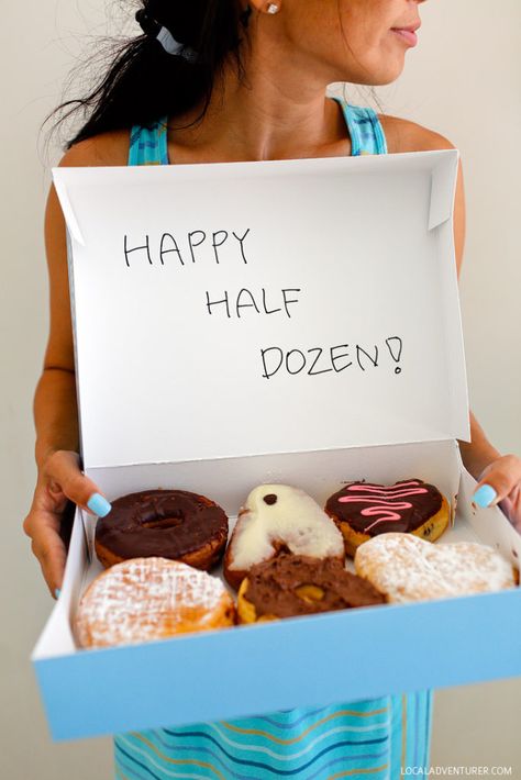 Happy Half Dozen Donuts! (6 Unique 6th Year Anniversary Gift Ideas for Sweets, Iron, and Wood) // localadventurer.com Happy Half Dozen, Anniversary Sweets, Year Anniversary Gift Ideas, Anniversary Ideas For Him, Dozen Donuts, 6 Month Anniversary, Cute Anniversary Gifts, 6 Year Anniversary, Homemade Anniversary Gifts