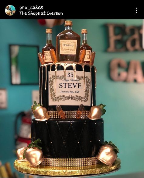 Hennesy Cake Birthdays, Hennesy Cake For Him, Hennessy Cake, 50th Birthday Party Ideas For Men, Liquor Cake, Black And Gold Cake, Cake For Boyfriend, Tiered Cakes Birthday, Two Tier Cake