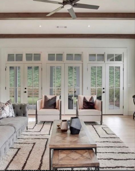 Living Room With Exterior French Doors, 3 French Doors In Living Room, Three French Doors Living Room, 2 Sets Of French Doors, Sunroom Windows And Doors, Wall Of French Doors, 2 Sets Of French Doors Living Rooms, Living Room With French Doors To Patio, Double French Doors Living Room