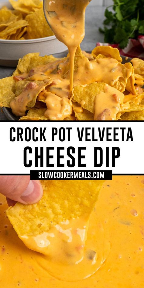 Velveeta cheese dip being poured over tortilla chips. Velvetta Crockpot Cheese Dip, Crock Pot Cheese Dip Velveeta, Velveeta Queso Dip Crock Pot Cream Cheese, Nacho Cheese Dip Velveeta, Queso Dip With Velveeta, Velvets Nacho Cheese, Crockpot Nacho Cheese Dip Velveeta, Nacho Cheese Sauce Velveeta Crock Pot, Crockpot Nacho Cheese