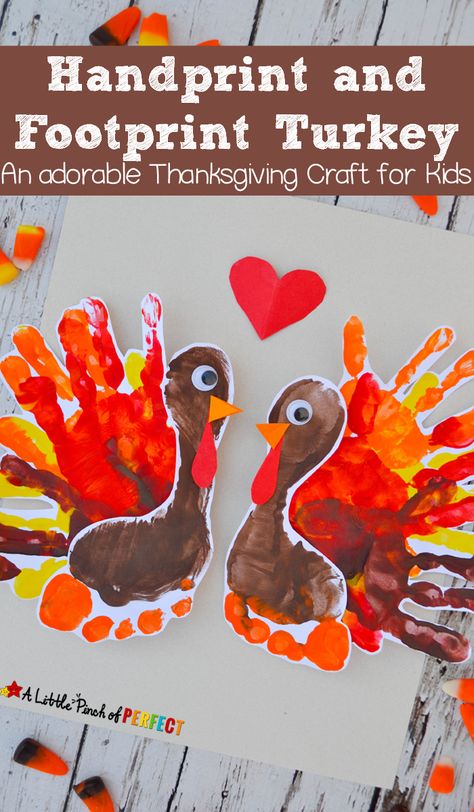 Adorable Handprint and Footprint Turkey Thanksgiving Kids: Easy to make for kids to decorate for Thanksgiving or give to people in their life they are thankful for (like mom and dad, grandma and grandpa). (November, kids craft, Preschool, Kindergarten, Thanksgiving Craft) Footprint Turkey, Decorate For Thanksgiving, Thanksgiving Handprint, Kindergarten Thanksgiving, Craft Preschool, November Crafts, Footprint Crafts, Thanksgiving Craft, Thanksgiving Preschool