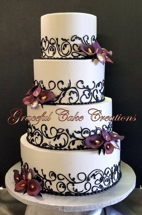 Purple Black Wedding Cake, Purple Black And White Wedding, Mango Wedding, Black Lace Wedding Cake, Black And White Wedding Cakes, Butter Cream Wedding Cake, Simple Wedding Cakes, Purple Black Wedding, Cream Wedding Cake