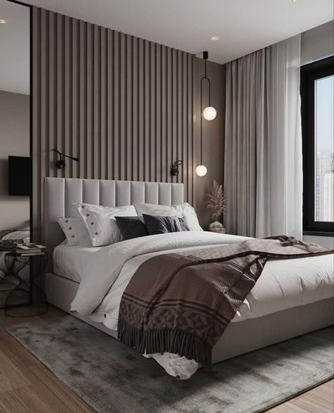 a refined contemporary bedroom with a taupe accent wall done with wood slabs, a grey upholstered bed, a pendant lamp and sconces Grey Upholstered Bed, Taupe Bedroom, Neutral Bedroom Decor, Loft Interior, Modern Luxury Bedroom, Decor Ikea, Master Room, Bedroom Decor Design, Bedroom Furniture Design