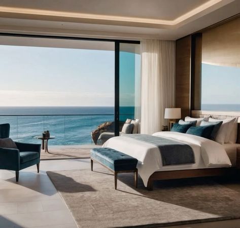 Costal Luxury Bedroom, Luxury Beach Hotel Room, Beach House Interior Bedroom, Small Luxury Bedroom, Luxury Beach House Interior, Modern Luxury Bedroom Decor, Neutral Coastal Bedroom, Rich Bedroom, Fresh Bedroom Decor